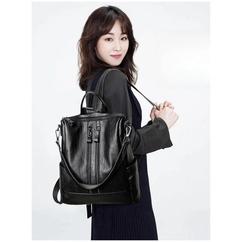 Women’s Large Capacity Leather Backpack - Casual School Shoulder Bag for Travel & College