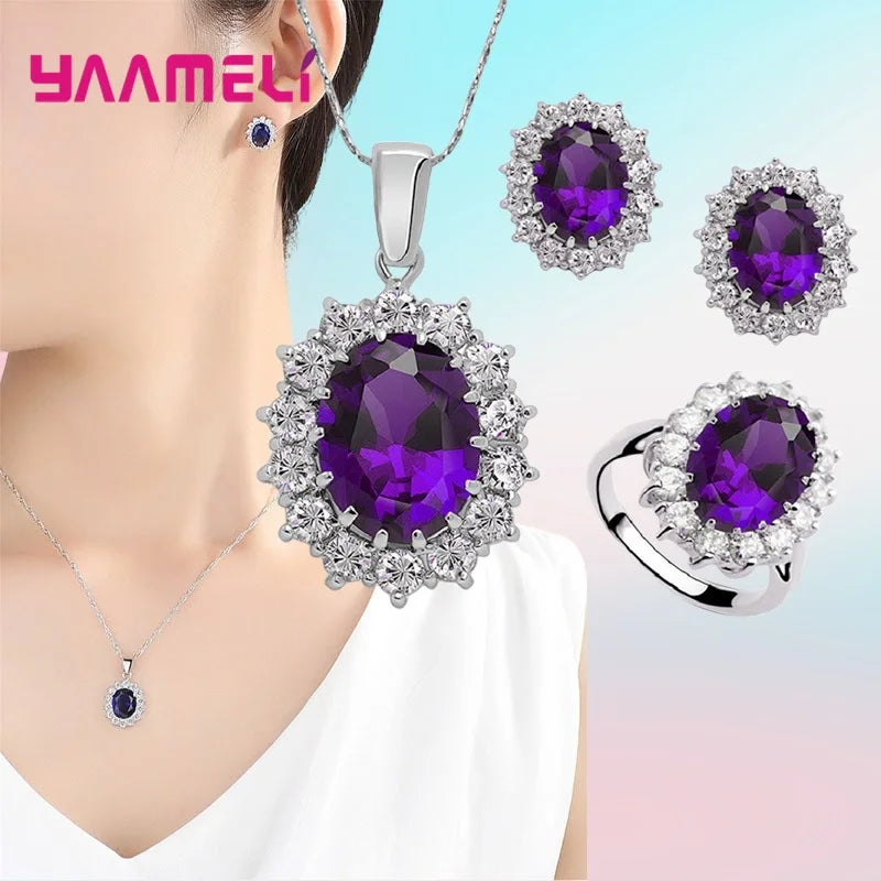 Sterling Silver Wedding Engagement Jewelry Set with Necklace Earrings Ring - Princess Oval Zircon