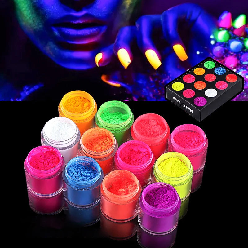 Neon Pigment Powder Set for Nail Art - Fluorescent Glitter & Chrome Dust, 12 Colors