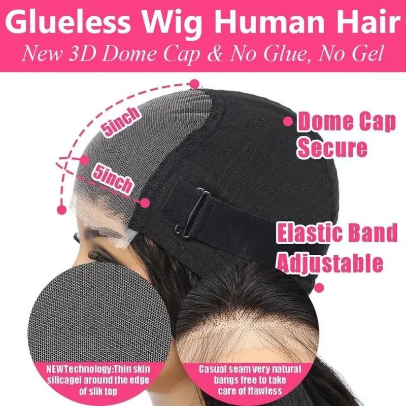 Pre-Cut No Glue Glueless Human Hair Wigs for Women - Brazilian, Ready to Wear, Preplucked, 180% Density