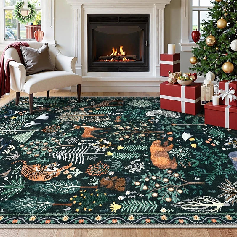 Large Non-slip Machine Washable Living Room Carpet - Soft & Comfortable Floor Mat - Green Animal & Plant Print