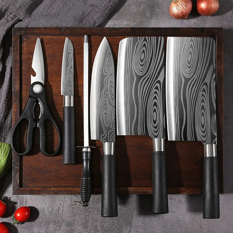 Laser Damascus Pattern Kitchen Utility Chef Knife & Scissors Set - Stainless Steel Sharpener