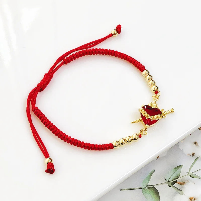 Religious Heart Shaped Crystal Cross Bracelet for Men Women - Lucky Red Rope Braided Jewelry