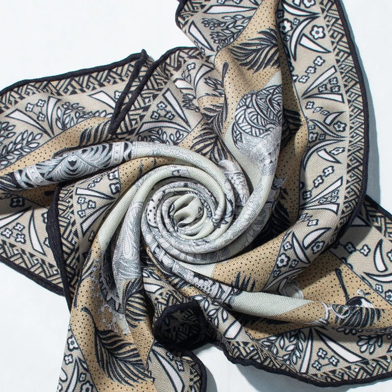 Luxury Silk Wool Botanical Print Square Scarf - Warm Retro Jewelry Design
