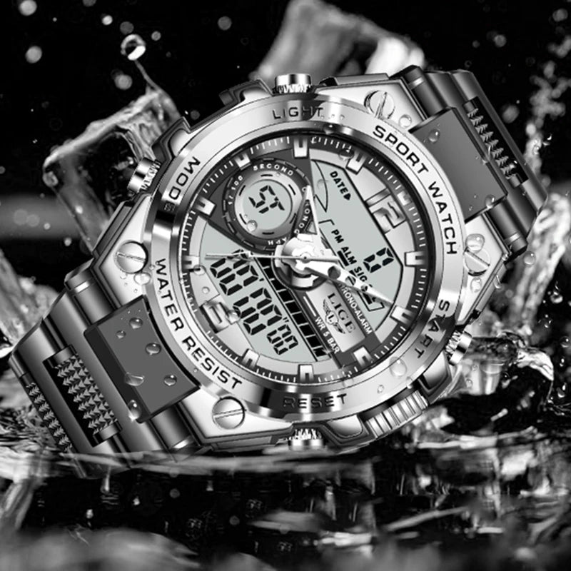 Men's Sport Watch 50M Waterproof Dual Display LED Chronograph Quartz Wristwatch Gift Set