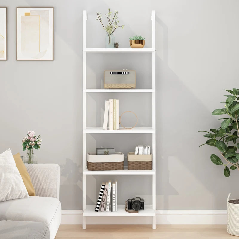 5-Tier Ladder Wall Shelf Storage Rack White Living Room & Study Organizer