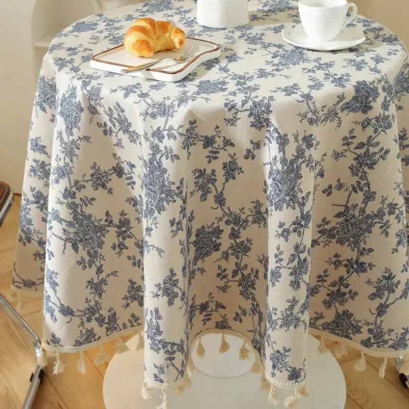 Floral Linen Cotton Round Tablecloth - Rustic Farmhouse Picnic Decor