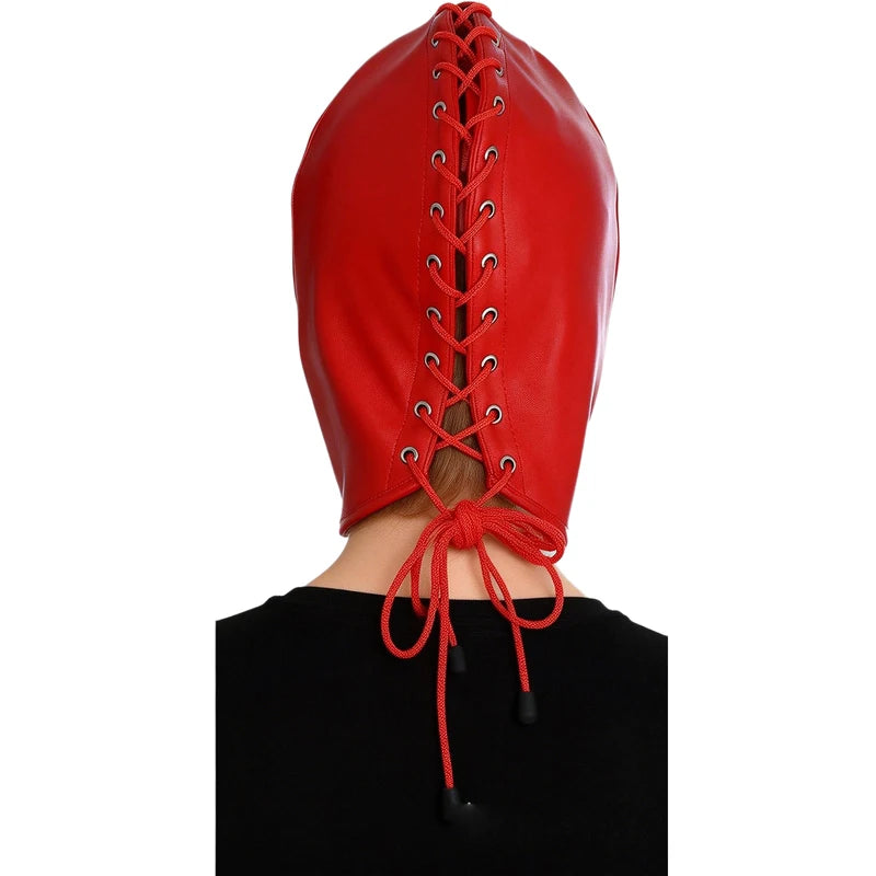 Full Face Leather Mask with Zipper & Lace-Up Adjustable Headgear for Cosplay & Parties
