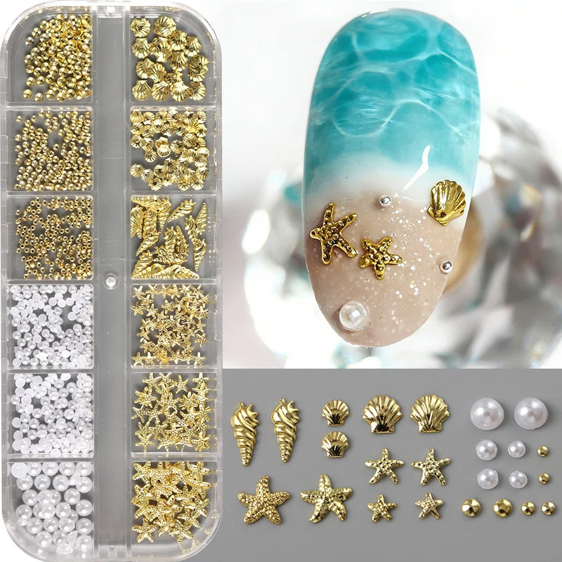 3D Gold Starfish Seashell Nail Art Charms & Beads for Summer Manicure