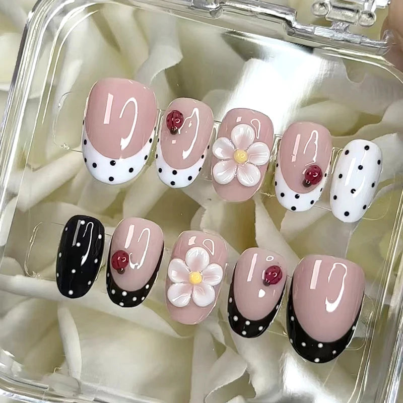 24Pcs Short Oval 3D Gel Flower Ladybug French Tip Press-on Nails Set