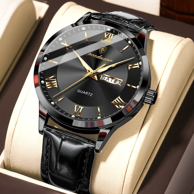 Men's Leather Business Wristwatch with Date and Luminous Quartz Movement