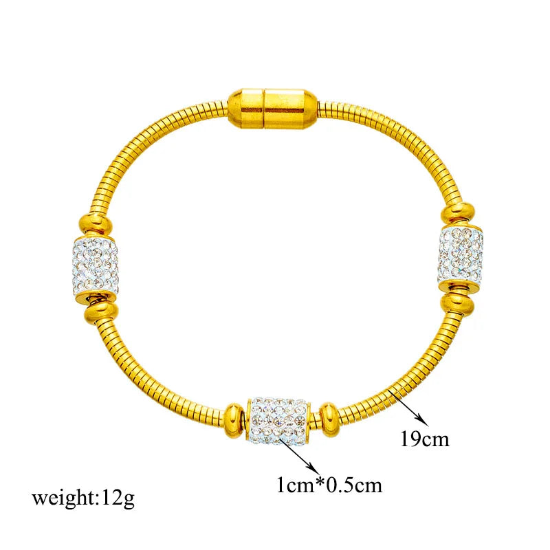 Gold Color Zirconia Beaded Bracelet for Women - Stainless Steel Snake Chain Jewelry