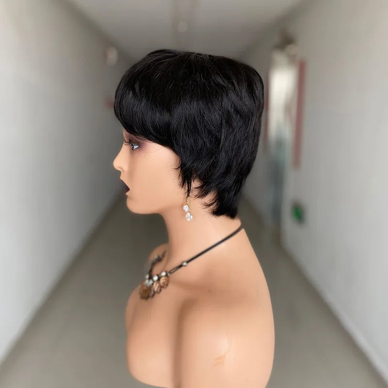Short Pixie Cut Human Hair Wig - Brazilian Straight Black Wigs for Women