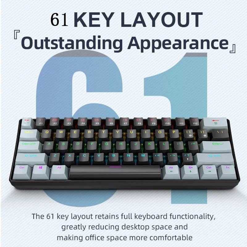 Mini Wired Gaming Mechanical Keyboard 61 Keys RGB Backlit Compact for PC Laptop