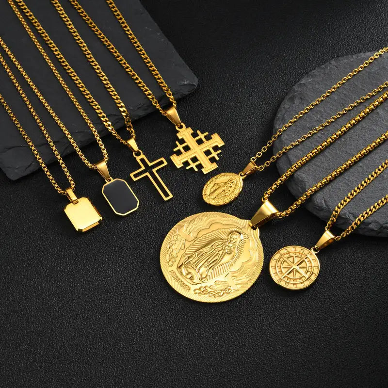 Men's Geometric Cross Pendant Necklace - Silver Plated Stainless Steel Jewelry