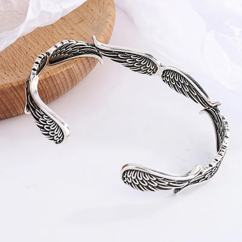 Sterling Silver Angel Wings Bracelet - Retro Thai Jewelry Open Cuff