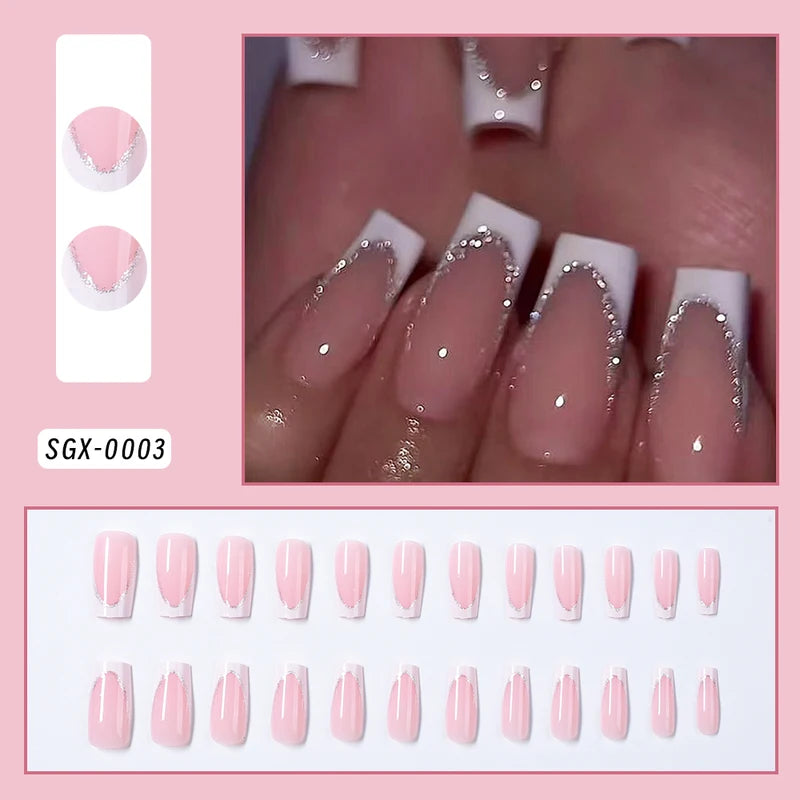 24Pcs Short Square Coffin Fake Nails with French Glitter Acrylic Full Cover for Women