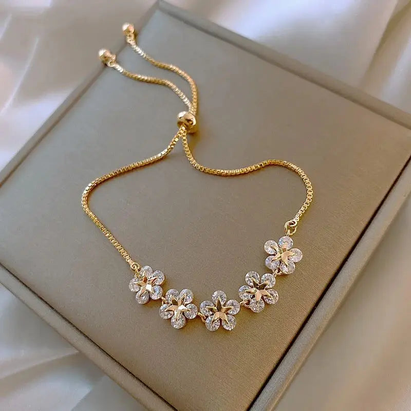 Gold Plated Crystal Flower Charm Bracelet for Women Wedding Gift Jewelry