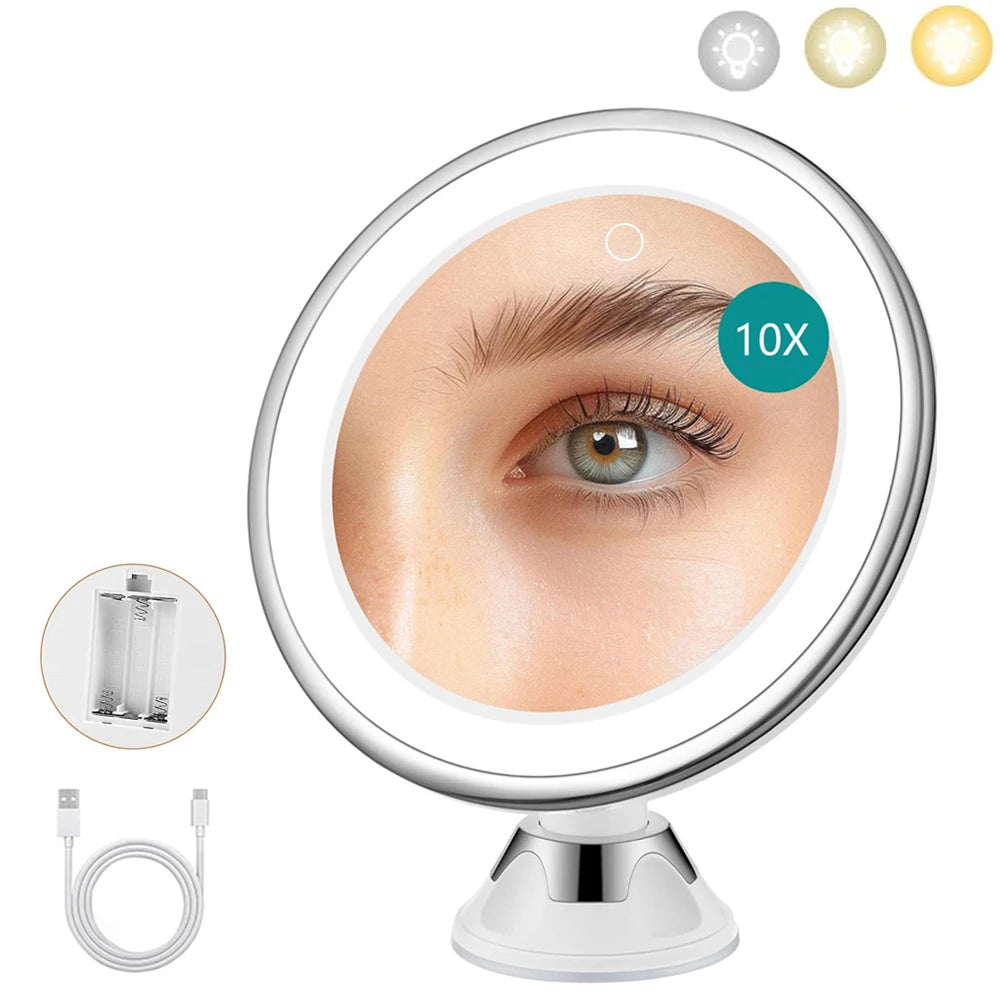 10X Magnifying Makeup Mirror with Dimmable LED Lights and 360° Rotation