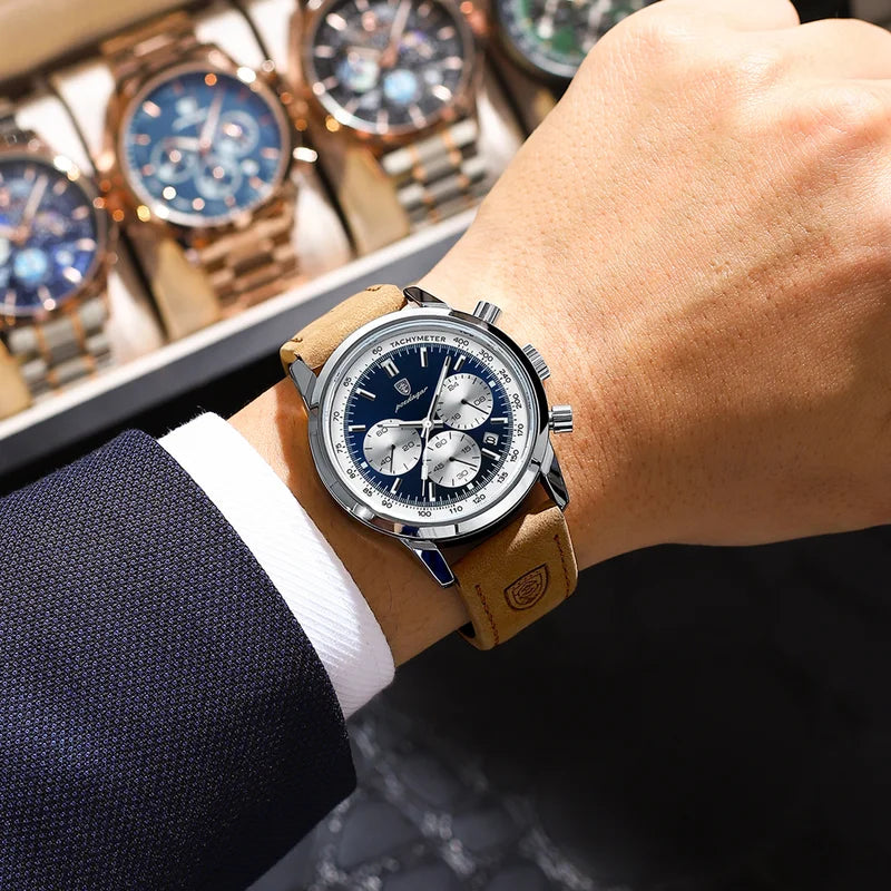 Men's Quartz Watch Waterproof Luminous Chronograph Military Leather Watch
