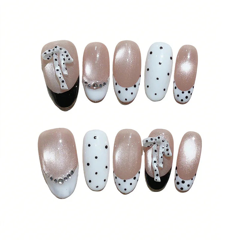Medium Oval Press On Nails Kit - Nude & White Fake Nail Art, Gentle & Elegant, Bow Design, 10 Pieces