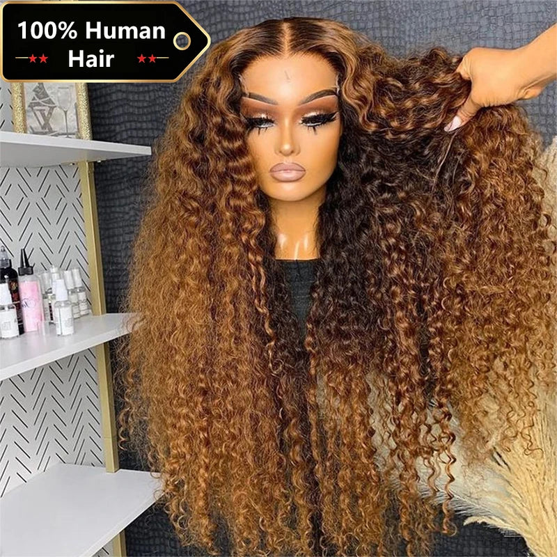 Curly Lace Front Human Hair Wigs - Highlight Honey Brown 13x6 13x4 Ombre Options