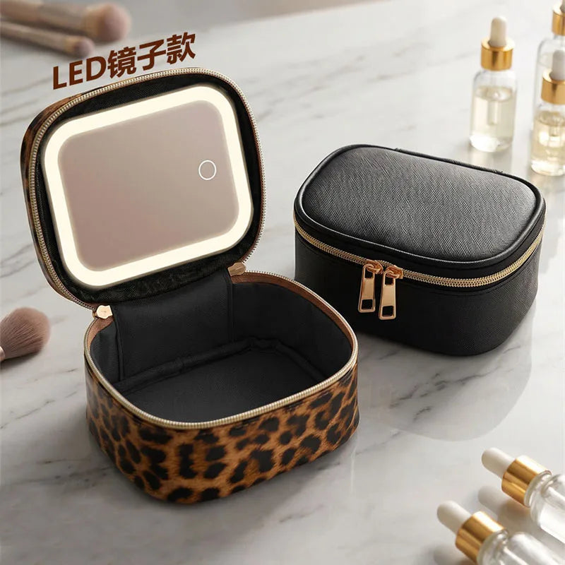 Portable LED Makeup Storage Bag with Mirror Rechargeable Cosmetic Organizer