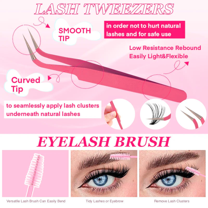 D Curl Lash Extension Kit with Mixed Length Individual Lashes 9-16mm - Lash Clusters & Applicators