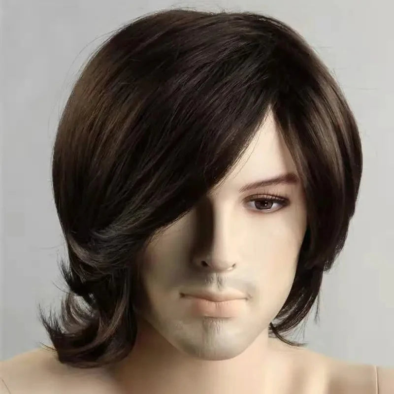 Men's Synthetic Hair Wig - Medium Length Straight Cosplay Wig, Heat-Resistant Fiber