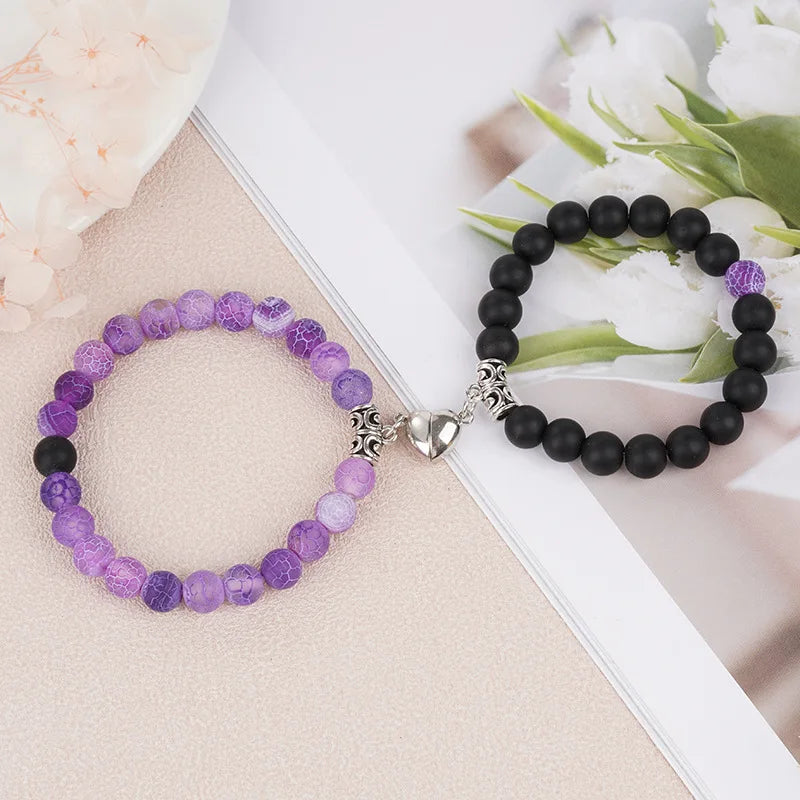 Natural Stone Beads Couple Bracelets - Heart Magnet Friendship Jewelry 2Pcs Set