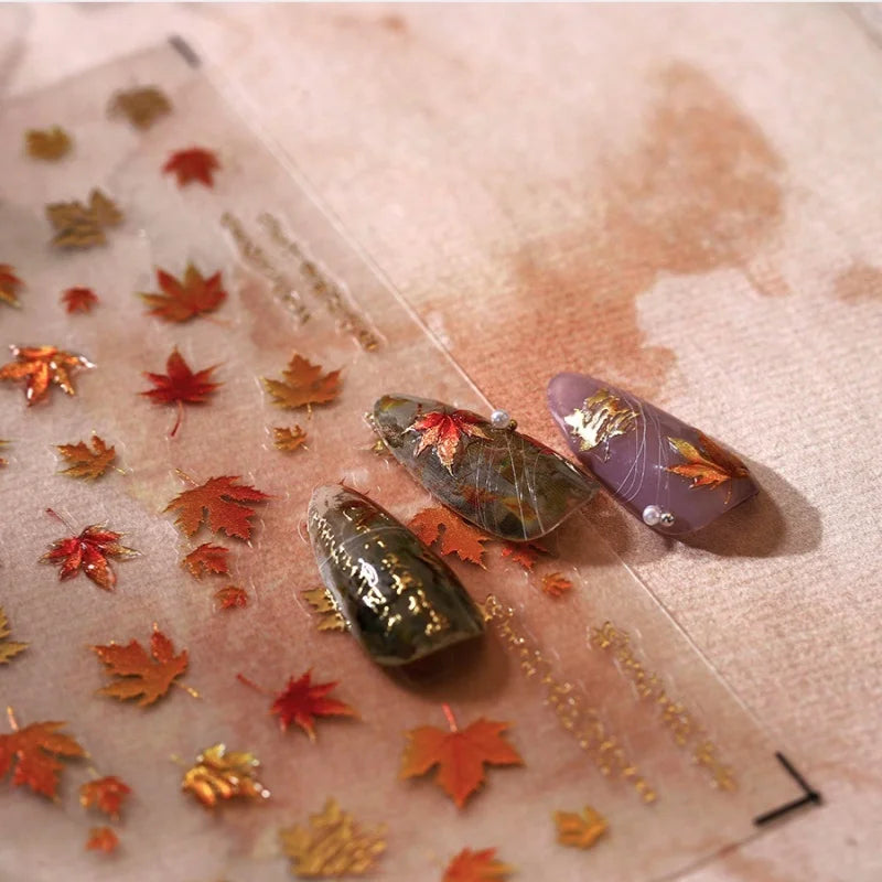 Autumn Maple Leaf Nail Art Stickers - 5D Relief Shiny Golden Jelly Decals for Manicure