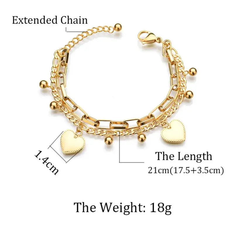 Women’s 2-Layer Heart Charm Chain Bracelet Stainless Steel Jewelry Trendy Gift