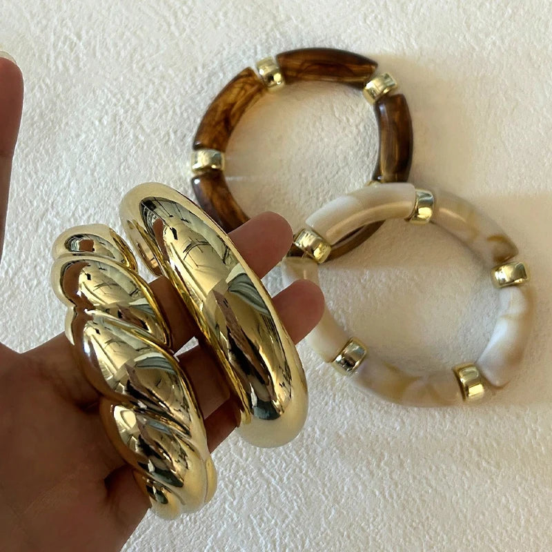 Set of 4 Geometric Wide Metal Bangles for Women - Minimalist Chunky Cuff Jewelry