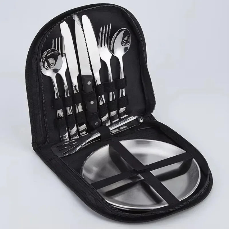 2-Person Camping Utensil Set with Plates, Spoons, Knives & Forks for Outdoor Picnic Dinnerware