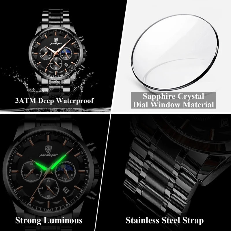 Waterproof Luminous Stainless Steel Men's Chronograph Watch - Business Casual Quartz Wristwatch