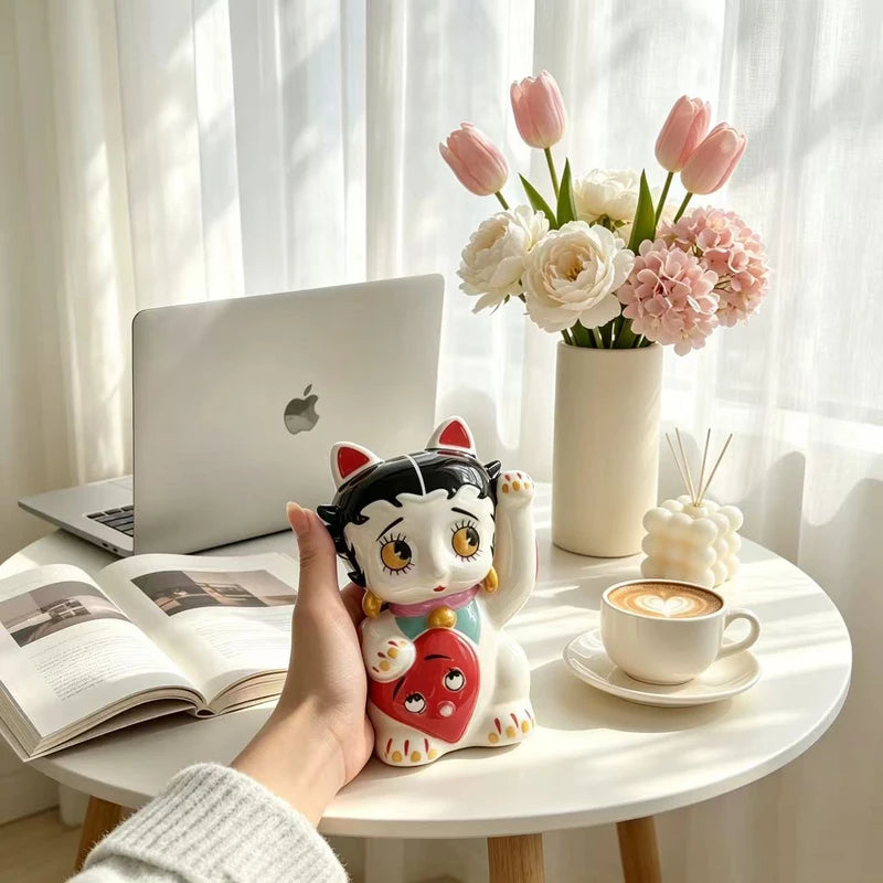 Lucky Cat Ornament Ceramic Statue Cute Cartoon Living Room Decor Gift