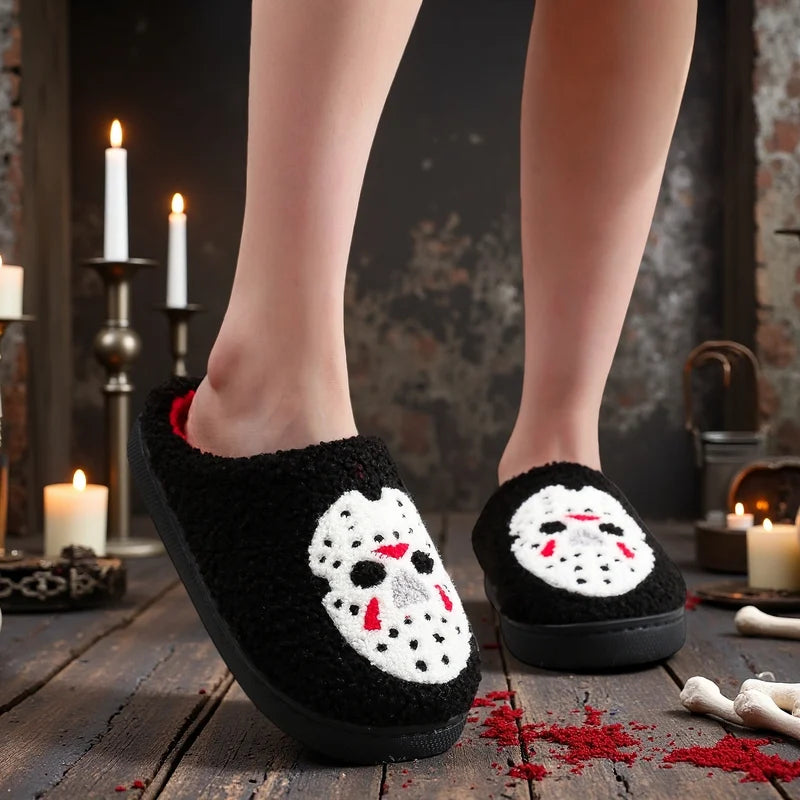 Warm Non-Slip Plush Indoor Slippers for Men and Women - Halloween Skull Pattern, Autumn Winter Gift