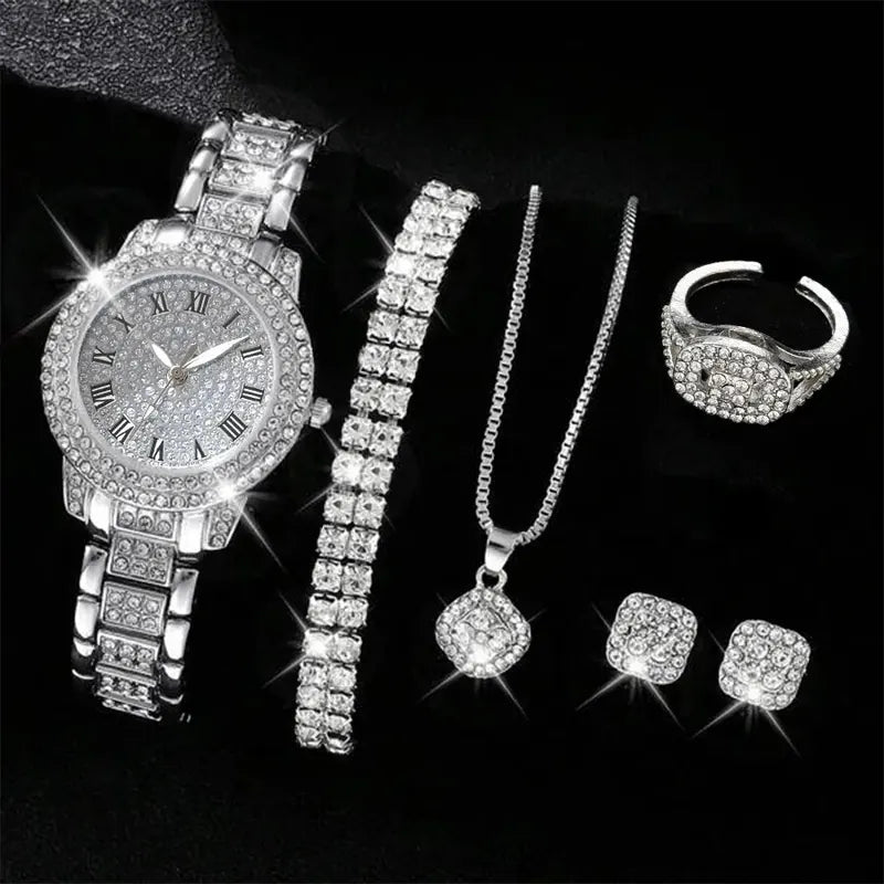 Women’s Elegant Alloy Quartz Wristwatch Set - Crystal Rhinestone Bracelet, Multiple Colors