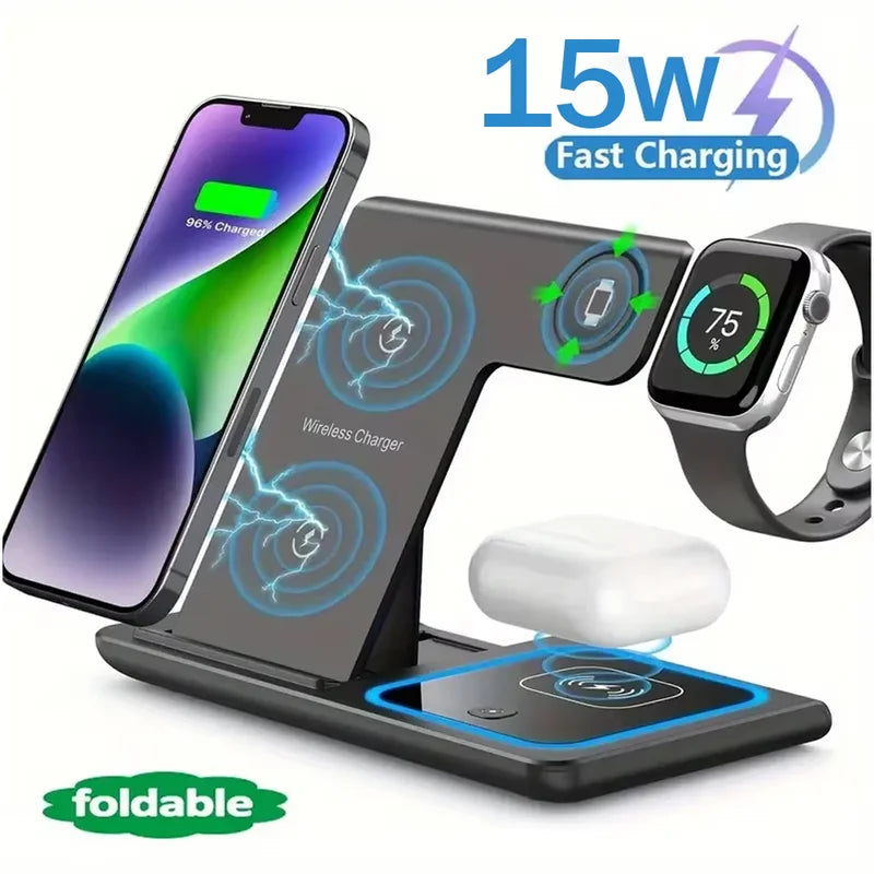 15W Wireless Charging Station Stand 3-in-1 Fast Charging Dock for iPhone, Apple Watch & AirPods