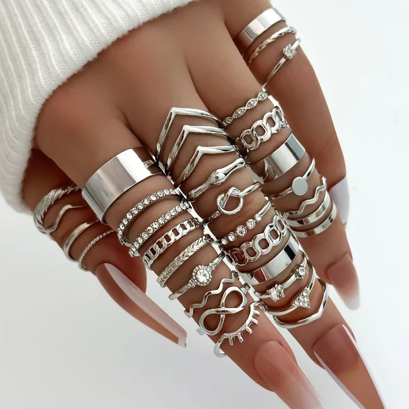 Luxury Gold Geometric Zircon Pearl Ring Set for Women - Multi-piece Jewelry Collection