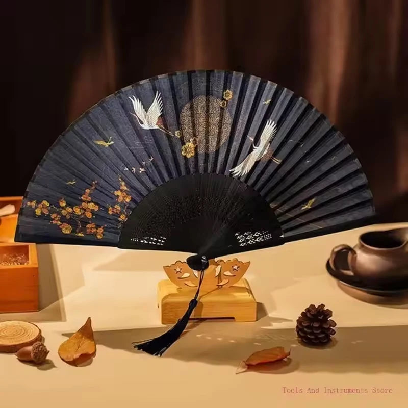 Vintage Chinese Hand Fan with Cranes Pattern Folding Fan for Travel & Performances