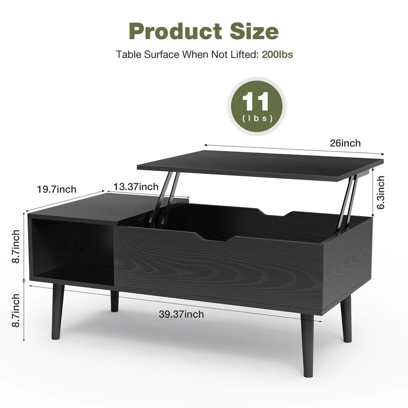Lift Top Coffee Table with Storage Shelf - Modern Wood Design, Adjustable Height, 39x20 Inches
