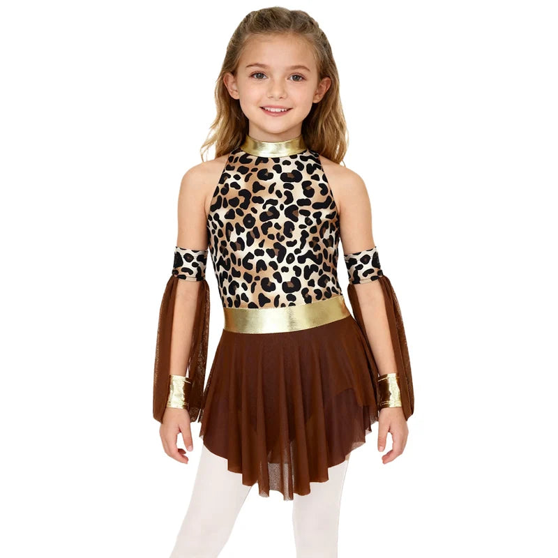 Kids Girls Prehistoric Cave Leopard Print Metallic Dress with Oversleeves Costume