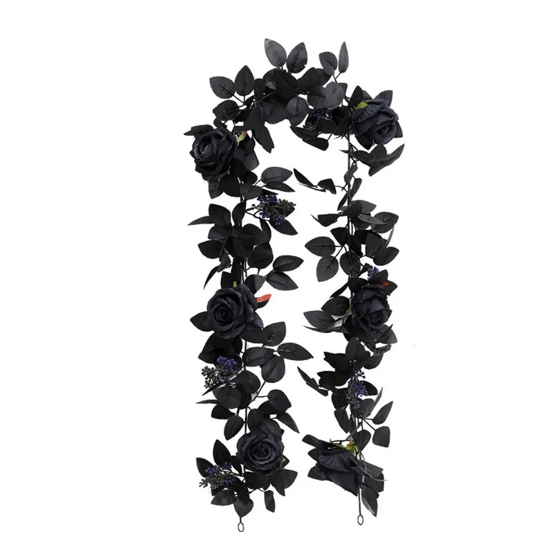 Black Halloween Rose Leaf Vines 175cm Artificial Flowers Garland for Decor
