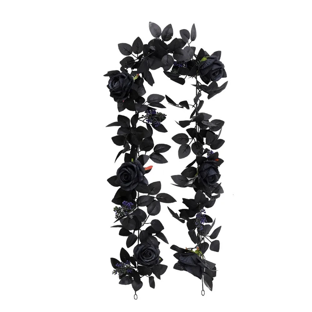 Black Halloween Rose Leaf Vines 175cm Artificial Flowers Garland for Decor