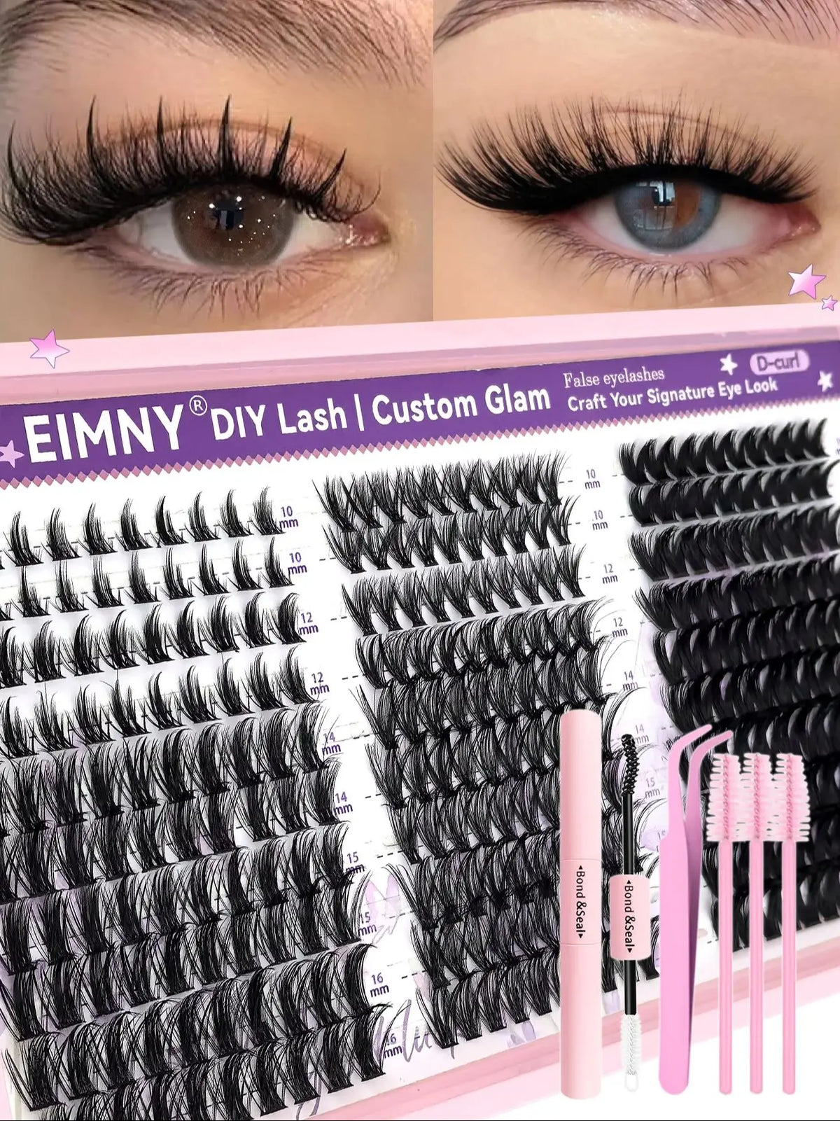 300Pcs Lash Clusters Kit with 3 Styles, Wispy Fairy Lashes, C Curl, 10-18mm, Bond & Seal - Black & Sky Blue