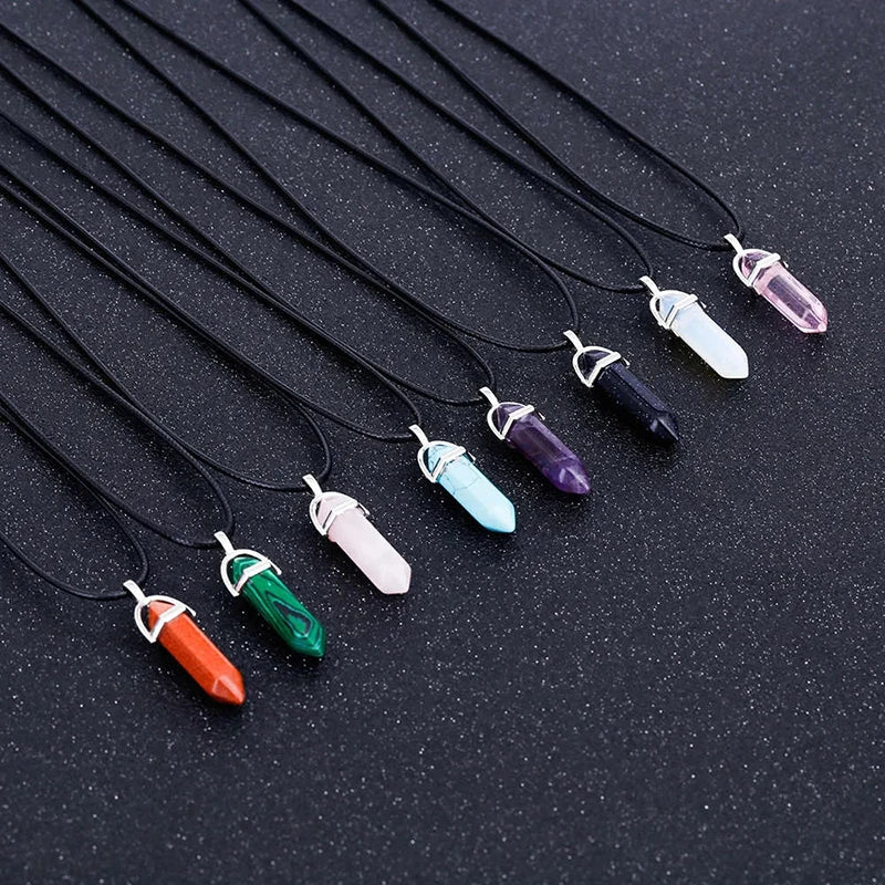 Hexagonal Quartz Necklace with Turquoise Pink Crystal Pendant for Women Leather Chain