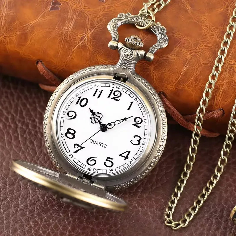 Vintage Steampunk Eagle Pendant Necklace with Bronze Metal Pocket Watch and Chain