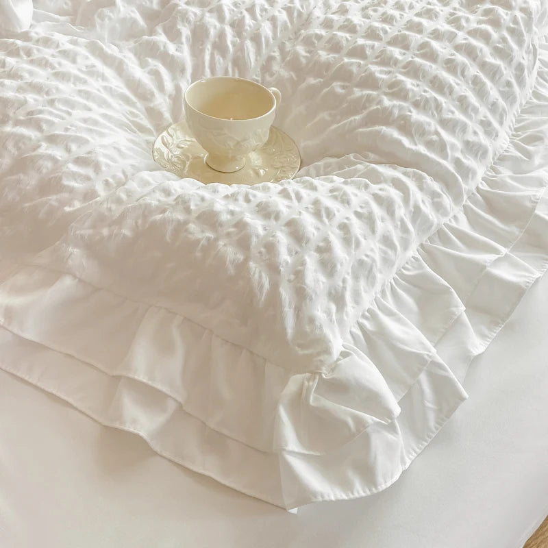 Korean Lace Bedding Set 3 Pieces Seersucker Duvet Cover and Pillowcases