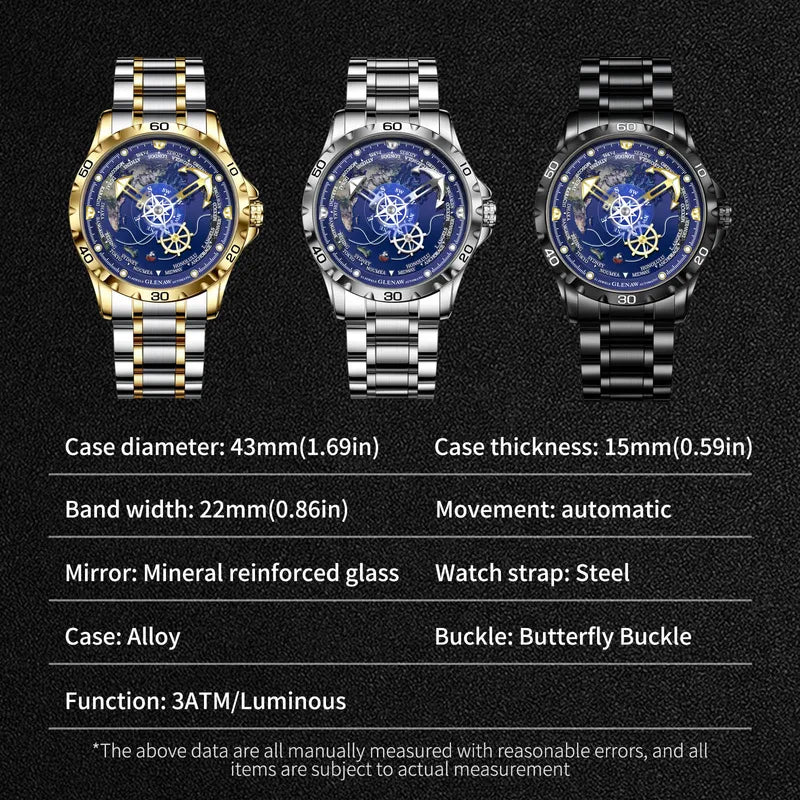 Automatic Mechanical Watch with Globe Dial for Men - Gold, Silver & Black Variants